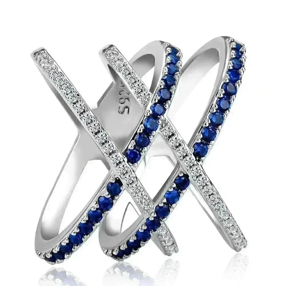 New 925 Silver Blue and White Sapphire Triple Infinity Cross Ring